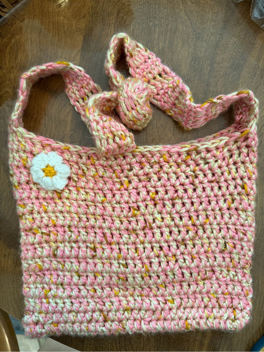 Handmade Pink yellow cream Crochet Daisy Shoulder Bag - Casual Women’s Tote